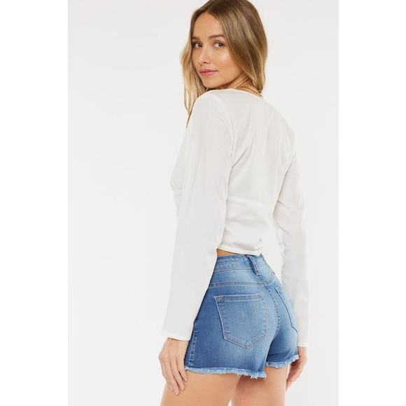 KanCun Daphne Mid Rise Shorts | Medium | Faded Dark Blue, Frayed Hem - Picture 2 of 9